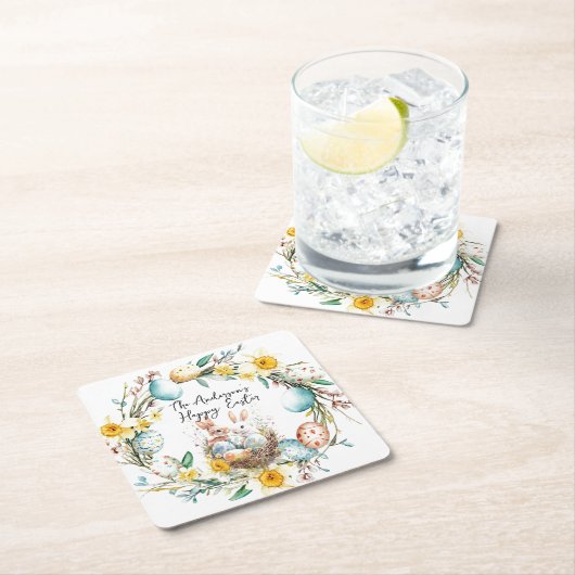 Gelukkige Pasen twee bannies en bloemenPasen Kartonnen Onderzetters (Insitu)