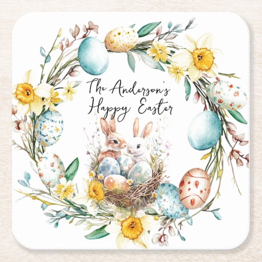 Gelukkige Pasen twee bannies en bloemenPasen Kartonnen Onderzetters (Voorkant)