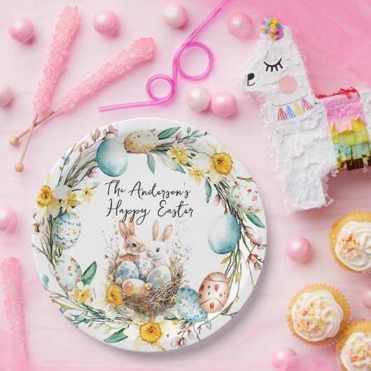 Gelukkige Pasen twee bannies en bloemenPasen Papieren Bordje (Feest)