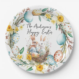 Gelukkige Pasen twee bannies en bloemenPasen Papieren Bordje
