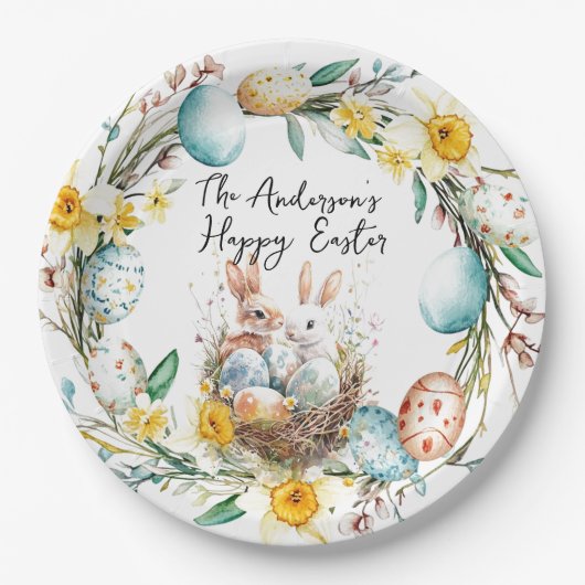 Gelukkige Pasen twee bannies en bloemenPasen Papieren Bordje (Voorkant)
