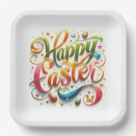 Gelukkige Pasen Typografie in Glitter Papieren Bordje (Voorkant)