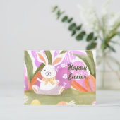 Gelukkige Pasen Waterverf Konijntje met Paaseieren Feestdagenkaart (Staand voorkant)