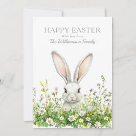 Gelukkige Pasen Witte Bunny Bloemen Gepersonalisee Feestdagenkaart