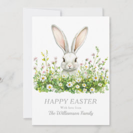 Gelukkige Pasen Witte Bunny Bloemen Gepersonalisee Feestdagenkaart