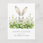 Gelukkige Pasen Witte Bunny Bloemen Gepersonalisee Feestdagenkaart (Voorkant)