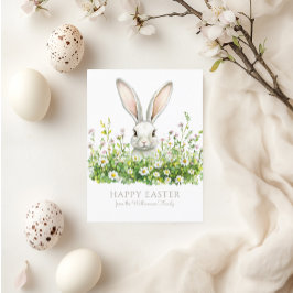 Gelukkige Pasen Witte Bunny Bloemen Gepersonalisee Feestdagenkaart