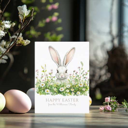 Gelukkige Pasen Witte Bunny Bloemen Gepersonalisee Kaart