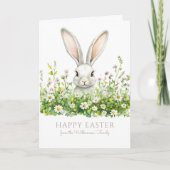 Gelukkige Pasen Witte Bunny Bloemen Gepersonalisee Kaart (Voorkant)