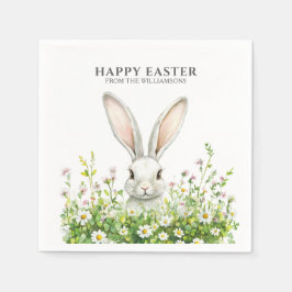 Gelukkige Pasen Witte Bunny Bloemen Gepersonalisee Servet