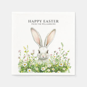 Gelukkige Pasen Witte Bunny Bloemen Gepersonalisee Servet