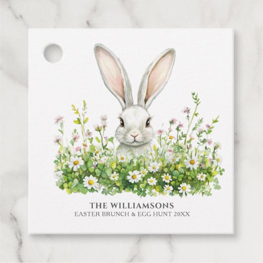 Gelukkige Pasen Witte Konijn Bloemen Gepersonalise Bedankjes Labels (Voorkant)