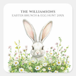 Gelukkige Pasen Witte Konijn Bloemen Gepersonalise Vierkante Sticker