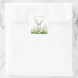 Gelukkige Pasen Witte Konijn Bloemen Gepersonalise Vierkante Sticker