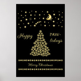 Gelukkige Pawholidays, Gouden glanzende Paw Kerstb Poster