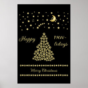 Gelukkige Pawholidays, Gouden glanzende Paw Kerstb Poster