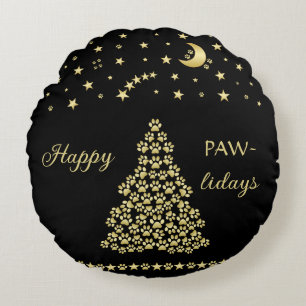 Gelukkige Pawholidays, Gouden glanzende Paw Kerstb Rond Kussen