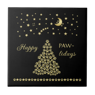 Gelukkige Pawholidays, Gouden glanzende Paw Kerstb Tegeltje