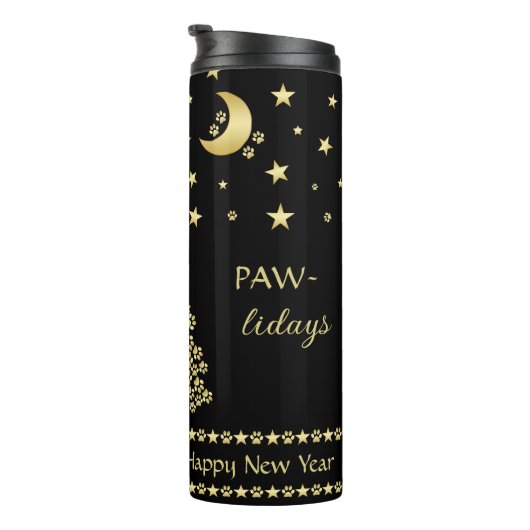 Gelukkige Pawholidays, Gouden glanzende Paw Kerstb Thermosbeker (Geroteerd rechts)
