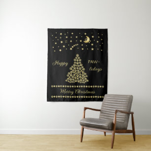 Gelukkige Pawholidays, Gouden glanzende Paw Kerstb Wandkleed