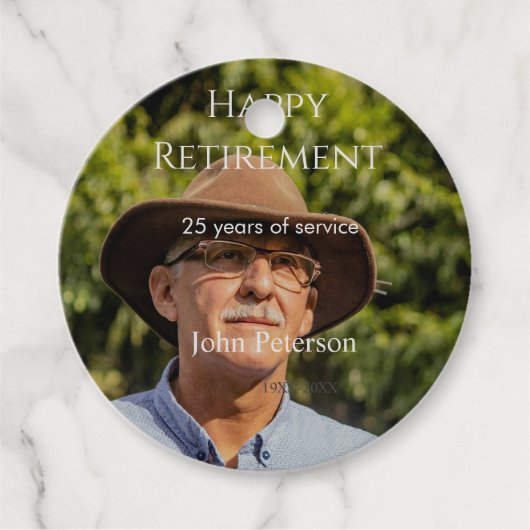 Gelukkige pensioenfoto naam jaar van dienst bedankjes labels (Voorkant)