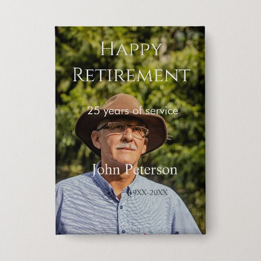 Gelukkige pensioenfoto naam jaar van dienst button (Voorkant)