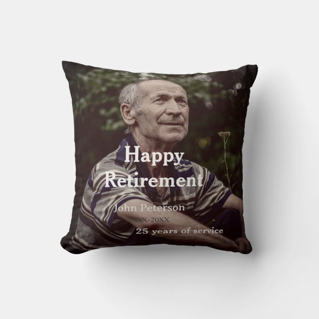 Gelukkige pensioenfoto naam jaar van dienst kussen (Voorkant)