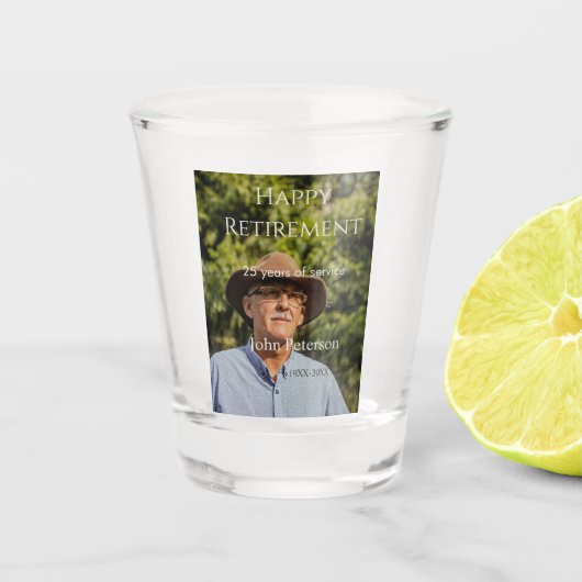 Gelukkige pensioenfoto naam jaar van dienst shot glas (Voorkant)