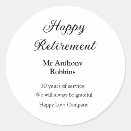 Gelukkige pensionering en naam jaren van dienst ge ronde sticker