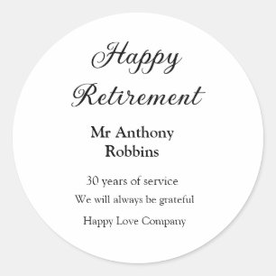 Gelukkige pensionering en naam jaren van dienst ge ronde sticker