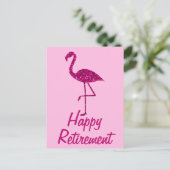 Gelukkige pensionering glinsterende roze flamingo briefkaart (Staand voorkant)
