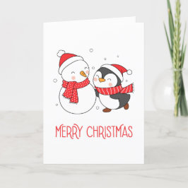 Gelukkige Pinguïn en Sneeuwman Vrolijk Kerstfeest Feestdagen Kaart