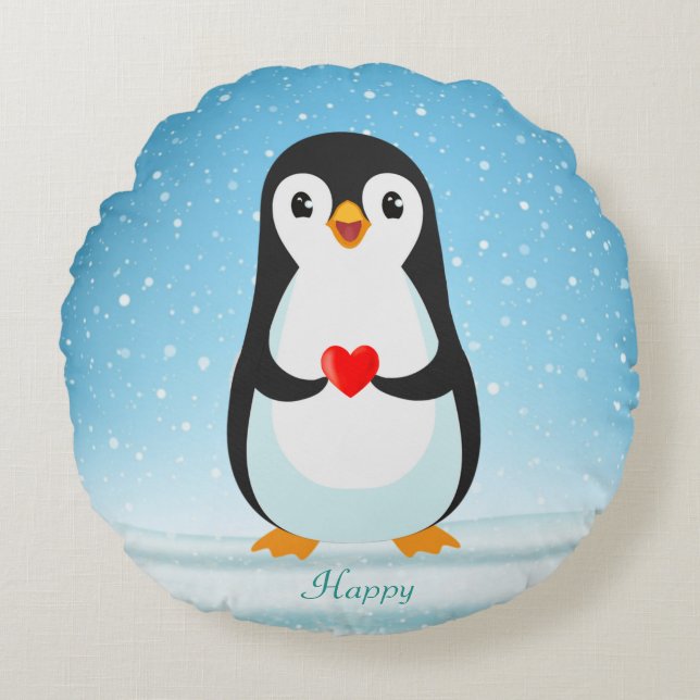 Gelukkige Pinguïn met een Hart Rond Kussen (Voorkant)