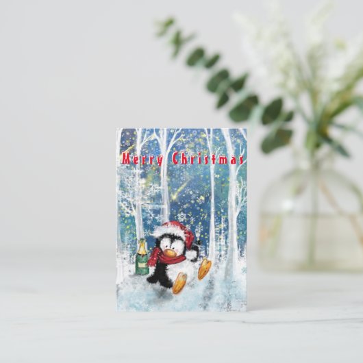 Gelukkige Pinguïn - Prettig Kerstfeest - Proost -  Notitiekaartje (Staand voorkant)
