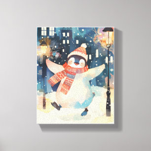 Gelukkige Pinguïn – Winter Watercolor Kinderkamer Canvas Afdruk