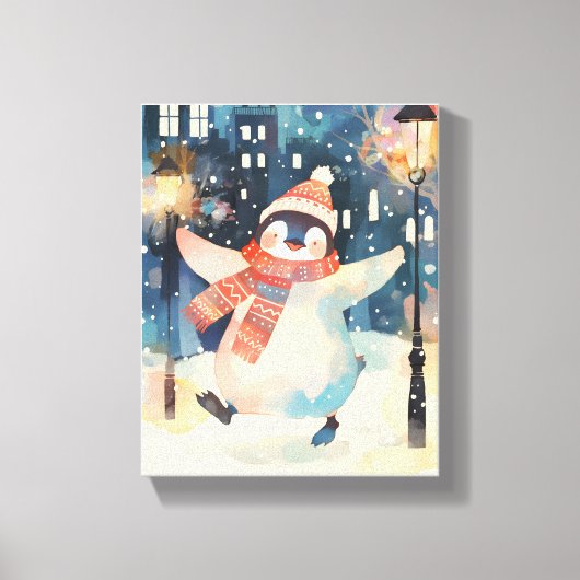 Gelukkige Pinguïn – Winter Watercolor Kinderkamer  Canvas Afdruk (Voorkant)