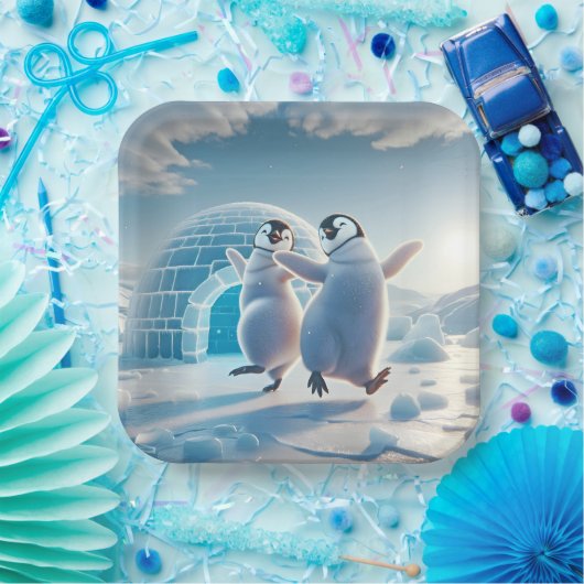 Gelukkige pinguïns dansen papieren bordje (Feest)