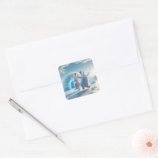 Gelukkige pinguïns dansen vierkante sticker (Envelop)