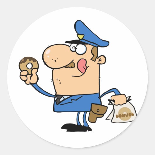 Gelukkige politieagent die Donut eet Ronde Sticker (Voorkant)