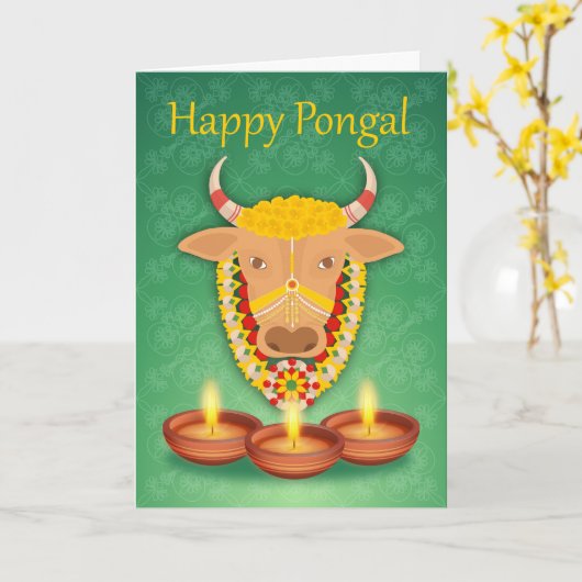 Gelukkige Pongal, met koe en kaarsen Kaart (Gele Bloem)