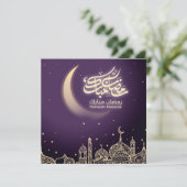 Gelukkige Ramadan Mubarak Halvemaanmoskee Paars Feestdagenkaart (Staand voorkant)