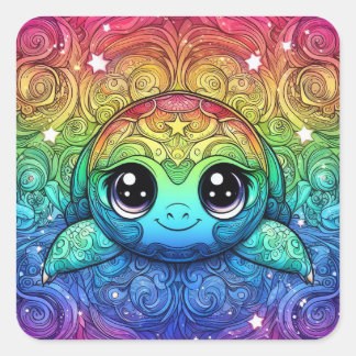 Gelukkige regenboog schildpadstickers vierkante sticker