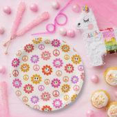 Gelukkige Retro Lachende Bloemen met Vredestekenen Papieren Bordje (Feest)