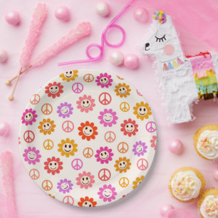 Gelukkige Retro Lachende Bloemen met Vredestekenen Papieren Bordje