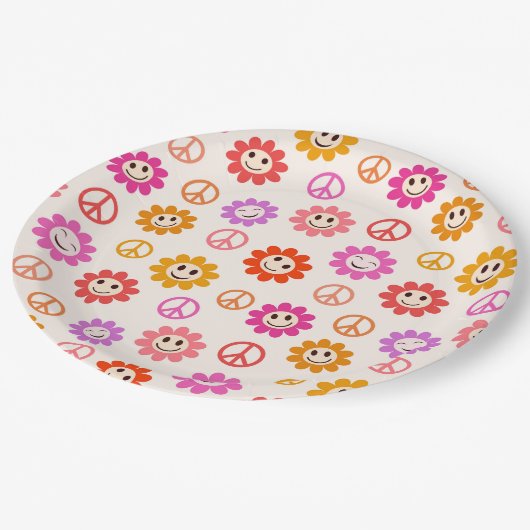 Gelukkige Retro Lachende Bloemen met Vredestekenen Papieren Bordje (Gekanteld)