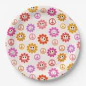 Gelukkige Retro Lachende Bloemen met Vredestekenen Papieren Bordje (Voorkant)