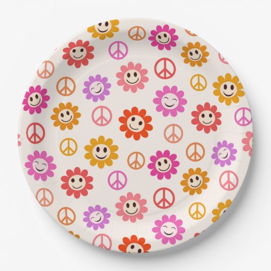 Gelukkige Retro Lachende Bloemen met Vredestekenen Papieren Bordje (Voorkant)