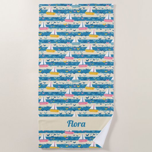 Gelukkige retro roze zeilboten op blauwe strepen strandlaken (Voorkant)