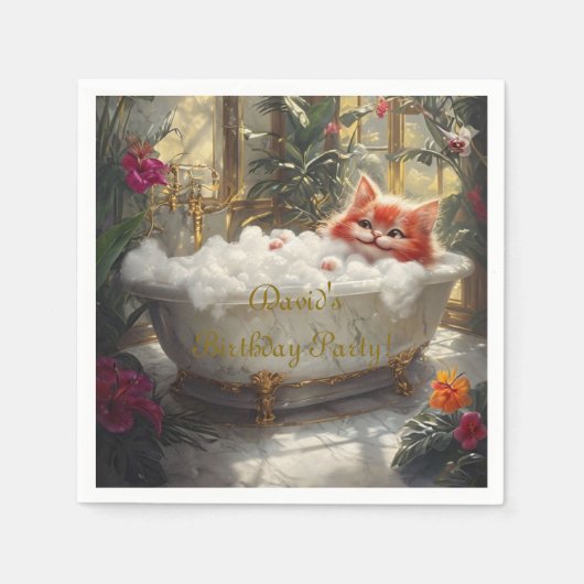 Gelukkige Rode Kat In Luxe Bad - Kinderverjaardags Servet (Voorkant)