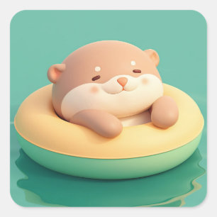 Gelukkige Ronde Klei Otter in Zwemring Vierkante Sticker